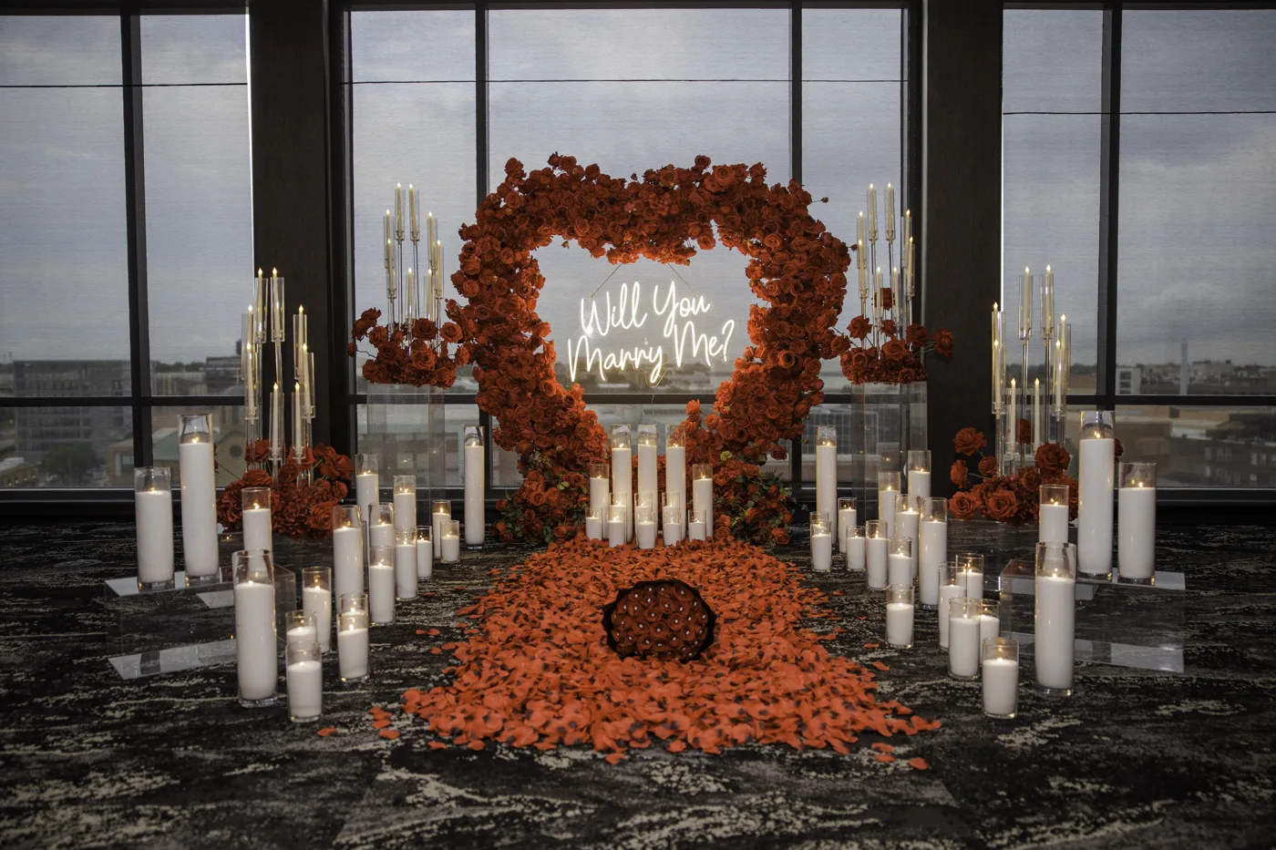 Terracotta rose heart arch with full candlescape