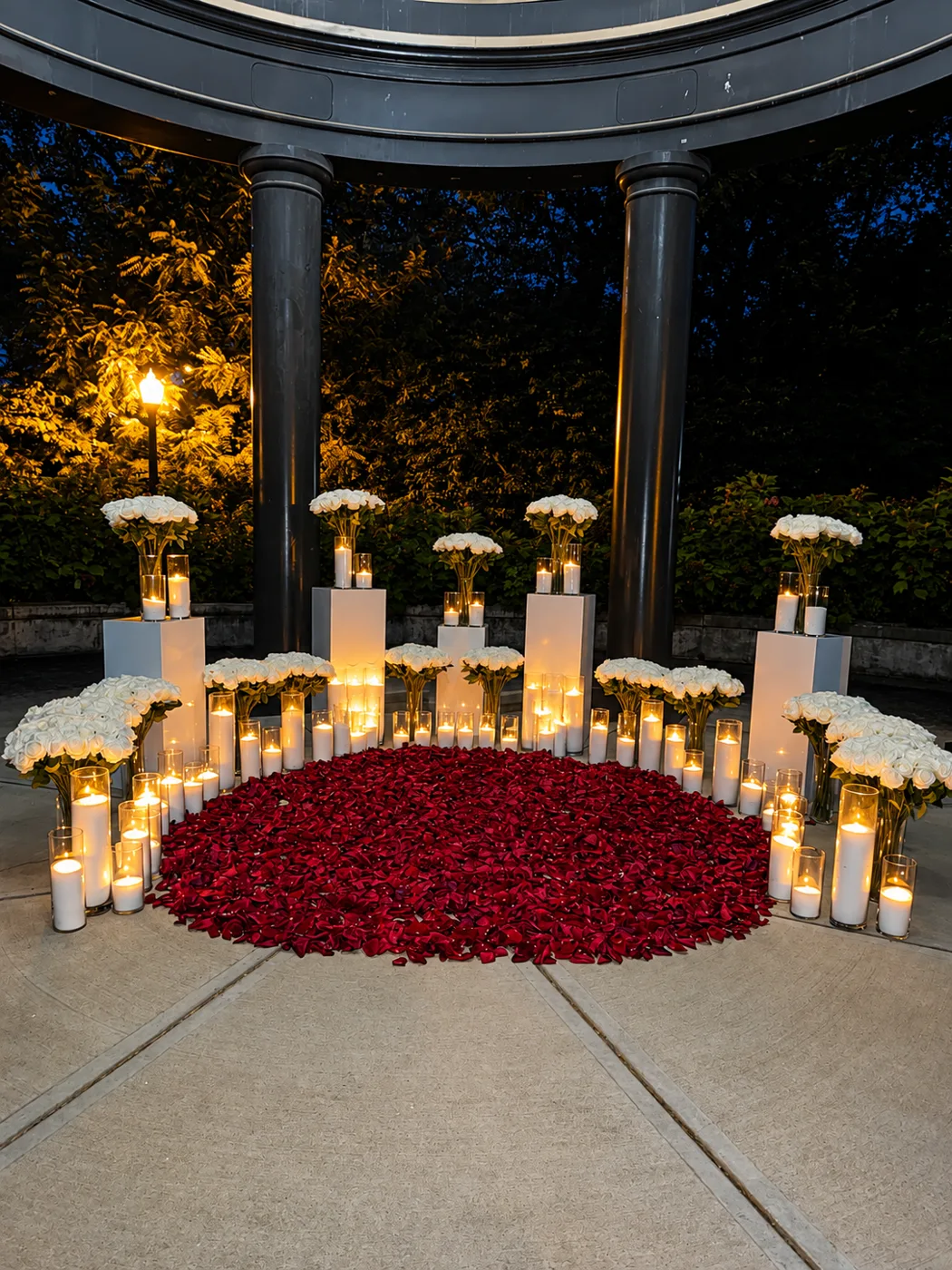 White floral urns and candlescape proposal decor